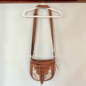 Boho Crossbody Bag Brown Faux Leather Crochet Lace Festival Purse